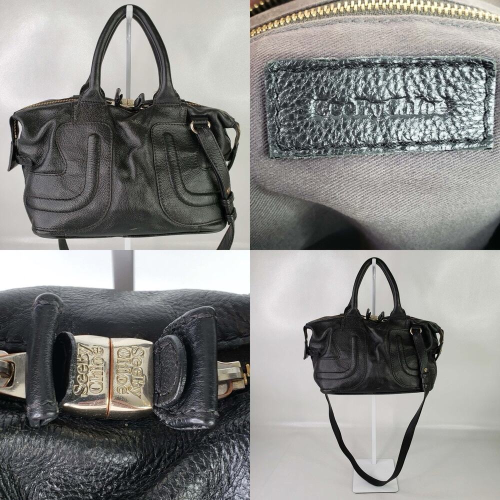 See by Chloe Leather 2-Way Zip Handbag Shoulder Bag Black Silver Y2K